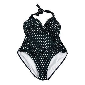 2155 Ralph LAUREN WOMENS XL BLACK POLKA DOT HALTER ONE PIECE SWIMSUIT BATHING
